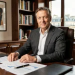Portrait d'un homme d'affaires influent assis à son bureau parisien avec des documents financiers et une bibliothèque en arrière-plan