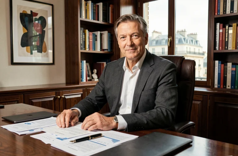Portrait d'un homme d'affaires influent assis à son bureau parisien avec des documents financiers et une bibliothèque en arrière-plan