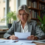Propriétaire immobilière examinant des documents Foncia à son bureau à domicile