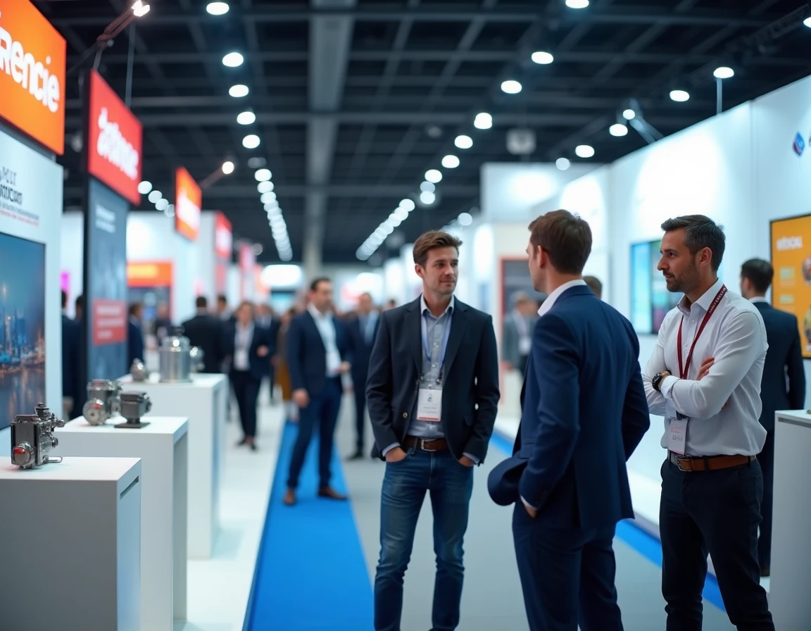 Stand d'exposition commerciale franco-CEI lors d'un salon international avec représentants d'affaires et visiteurs
