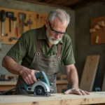 Artisan utilisant une scie circulaire Black & Decker CD601 sur un établi en bois dans un atelier professionnel