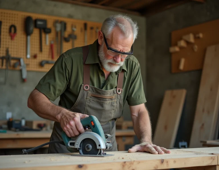 Artisan utilisant une scie circulaire Black & Decker CD601 sur un établi en bois dans un atelier professionnel