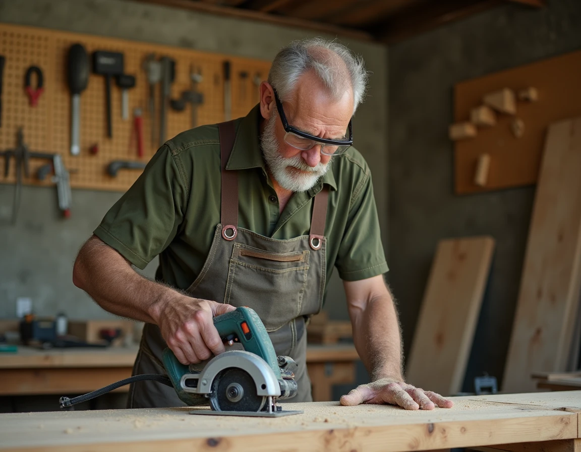 Artisan utilisant une scie circulaire Black & Decker CD601 sur un établi en bois dans un atelier professionnel