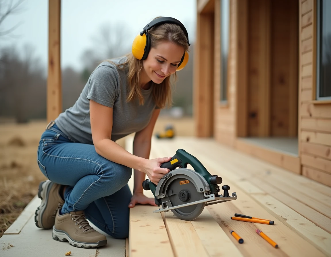 Femme bricoleure inspectant une coupe nette réalisée avec la scie circulaire Black & Decker CD601 sur un chantier de terrasse en bois