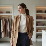 Femme élégante en blazer camel feuilletant des vêtements dans une boutique de mode parisienne minimaliste