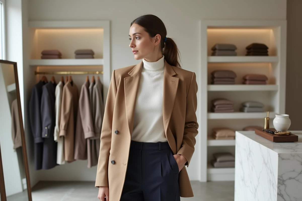 Femme élégante en blazer camel feuilletant des vêtements dans une boutique de mode parisienne minimaliste