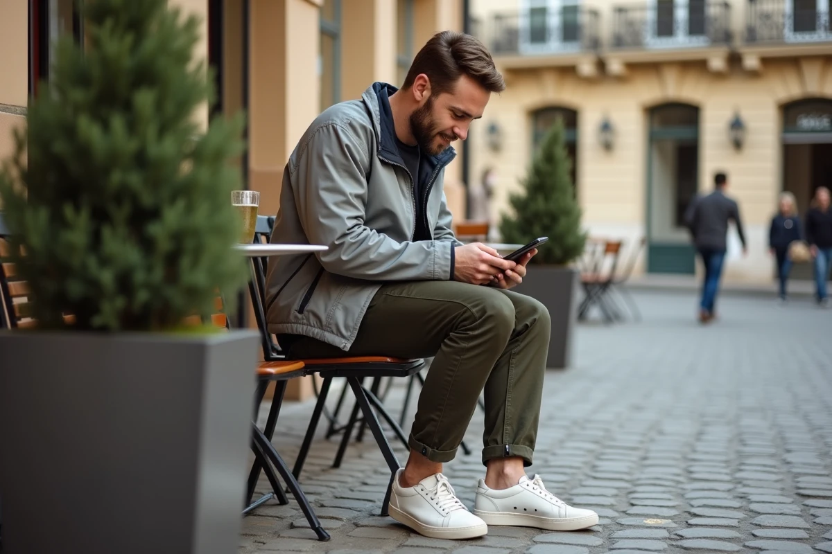 Jeune homme stylé en veste technique consultant les tendances mode sur smartphone en terrasse urbaine