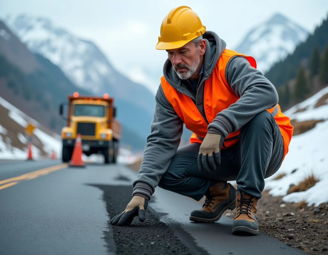Ouvrier de voirie inspectant des travaux de réfection de la chaussée au Col du Petit Saint-Bernard avec des sommets enneigés en arrière-plan