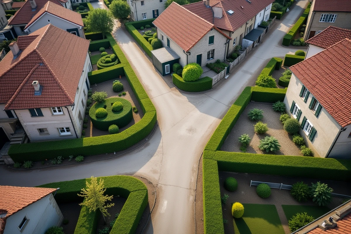 Vue aérienne d'un réseau de rues résidentielles dans un village rural français avec une impasse bordée de haies, typique du tissu urbain d'une commune de l'Aube comme Aix-Villemaur-Pâlis